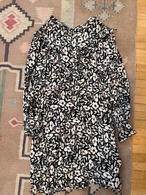 Zara Black Dress with Ivory Floral Print and Red Accents with ruffle